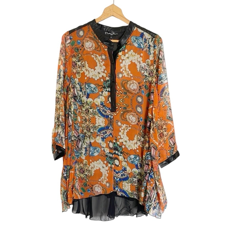 Pretty Angel Orange Jewelry Print Layered Boho Artsy Tunic Blouse size S